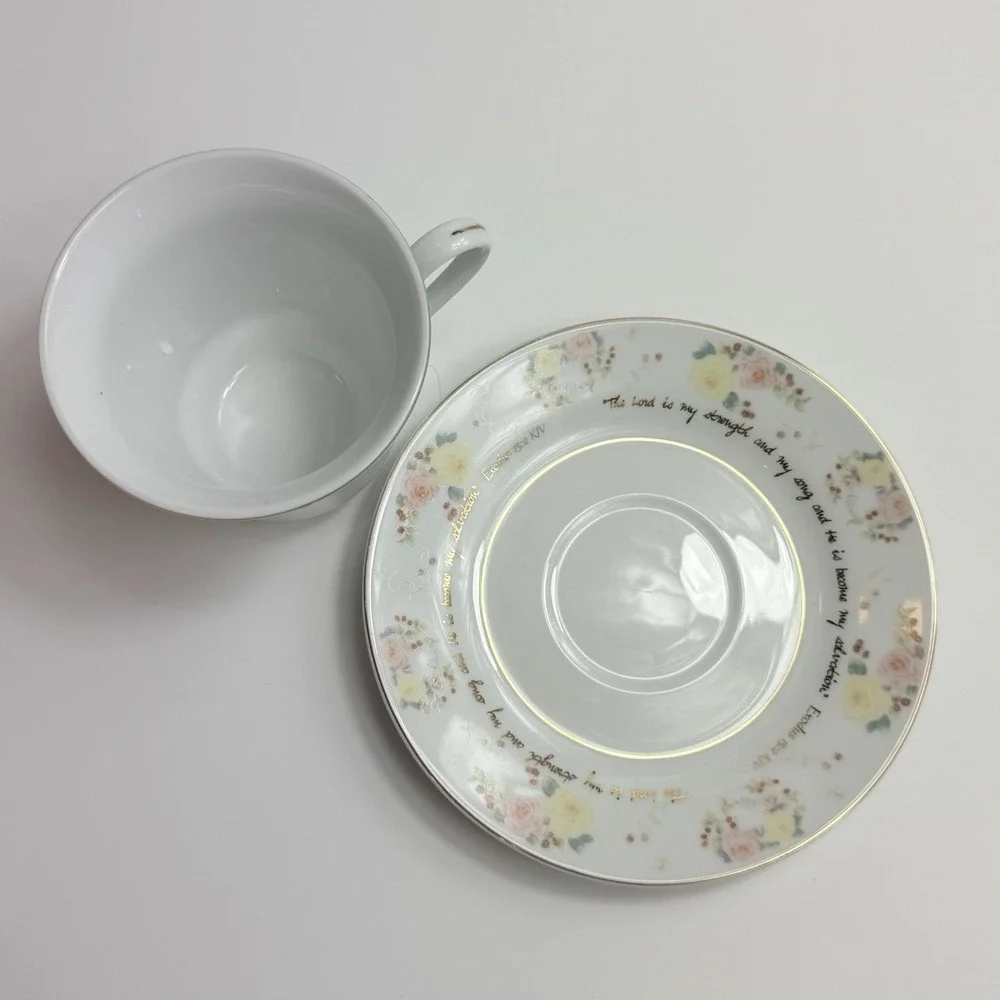 Vintage DaySpring Scripture Teacup Saucer Set Exodus KJV Christian Floral Gold